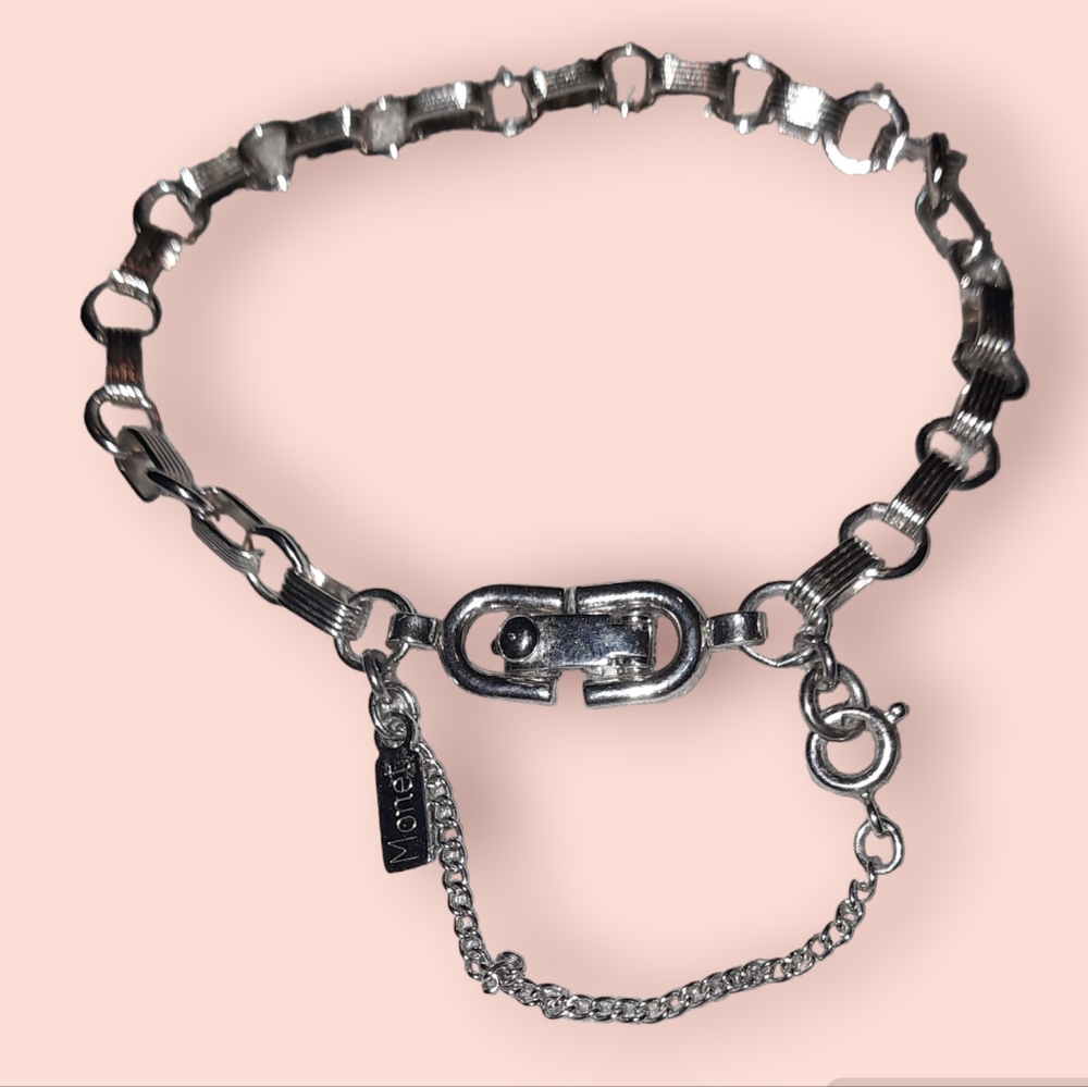 Vintage Monet open link and charm bracelet with safety chain signed clasp